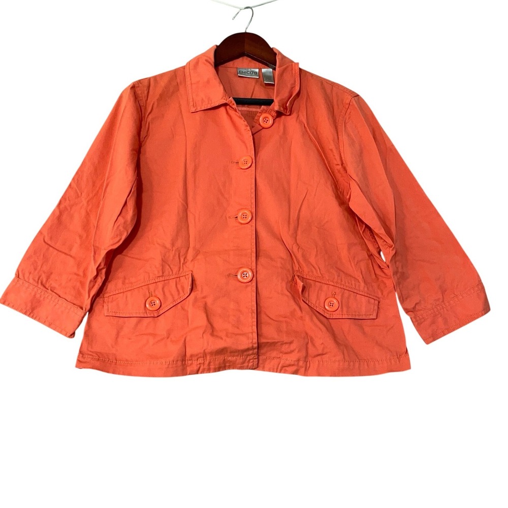 Chico's Women's 1/M Button Front Utility Jacket Orange Cotton Spandex Stretch